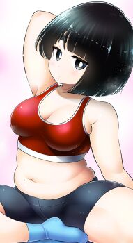 1girl absurdres arm_behind_head belly big_mukimuki_&amp;_small_muchimuchi black_eyes black_hair black_shorts blue_socks blush bob_cut breasts bright_pupils cleavage gym_shorts highres hinoharaf_(14310486) medium_breasts mole mole_on_stomach navel original pink_background plump red_sports_bra short_hair short_shorts shorts sitting socks solo sports_bra spread_legs stretching thick_thighs thighs white_pupils