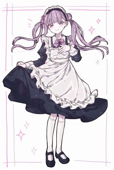 1girl apron black_bow black_dress black_hairband black_shoes blush bow bowtie commentary_request double_bun dress frilled_apron frills hair_bun hairband hand_up highres juliet_sleeves kneehighs light_blush long_hair long_sleeves looking_at_viewer maid maid_apron maid_headdress official_alternate_costume okura_0915 pink_bow pink_bowtie pink_eyes pink_hair puffy_sleeves shoes skirt_hold smile socks solo sparkle the_hundred_line_-last_defense_academy- tsukumo_kako twintails white_apron white_background white_socks