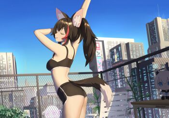 1girl absurdres alternate_costume animal_ear_fluff animal_ears ass black_hair black_shorts black_sports_bra blue_sky breasts building chain-link_fence chair character_doll clear_sky closed_eyes commentary cowboy_shot day doll dolphin_shorts english_commentary fence from_side highres hololive hololive_dev_is long_hair lounge_chair mazellan medium_breasts multicolored_hair ookami_mio open_mouth plant ponytail red_hair shirakami_fubuki short_shorts shorts sideways_mouth sky skyscraper smile sports_bra standing streaked_hair stretching table tail todoroki_hajime virtual_youtuber wolf_ears wolf_girl wolf_tail