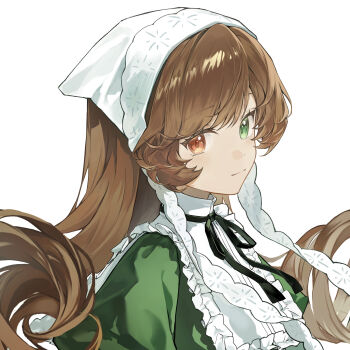 1girl ao_(srge3257) black_ribbon brown_hair chinese_commentary closed_mouth commentary_request green_eyes headscarf heterochromia highres lolita_fashion long_hair looking_at_viewer neck_ribbon red_eyes ribbon rozen_maiden simple_background solo suiseiseki upper_body white_background white_headscarf