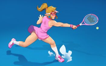 Rule 34 | 1boy, absurdres, ball, blue eyes, brown hair, bulge, combos &amp; doodles, commentary, cosplay, crossdressing, crossdressing (mtf), dress, earrings, english commentary, full body, highres, jewelry, link, male focus, mario (series), mario tennis, nintendo, panties, pink dress, pink shoes, ponytail, princess peach, princess peach (cosplay), princess peach (sports dress), racket, scar, shadow, shoes, short dress, simple background, solo, sphere earrings, tennis, tennis ball, tennis racket, the legend of zelda, the legend of zelda: breath of the wild, underwear, visor cap
