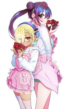 2girls apron blonde_hair brown_eyes brown_hair candy chocolate chocolate_heart commentary_request cover_image cowboy_shot double_bun eyes_visible_through_hair food green_skirt hair_bun hair_ornament hair_over_one_eye hairclip headphones heart heart-shaped_food height_difference highres holding holding_chocolate holding_food hood hoodie kaba_yuuji kakunaru_ue_wa long_hair long_sleeves looking_at_viewer miyamoto_niina multiple_girls pink_apron pink_thighhighs pleated_skirt red_ribbon ribbon school_uniform shioiri_ren shirt short_hair simple_background skirt standing thighhighs twintails white_background white_hoodie white_shirt