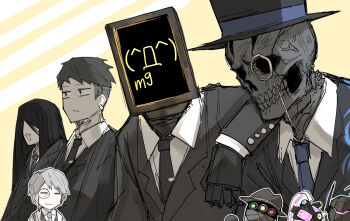 2girls 6+boys alloc_(project_moon) anger_vein arm_on_another's_shoulder bada_(project_moon) black_hair bono_(project_moon) collared_shirt dalloc_(project_moon) earrings emoticon formal_clothes grey_hair hair_over_eyes hat helm helmet hokma_(project_moon) jewelry kankan33333 kaomoji lens library_of_ruina long_hair martina_(project_moon) monocle monocle_chain multiple_boys multiple_girls necktie nemo_(project_moon) open_mouth pluto_(project_moon) project_moon screen serious shirt short_hair simple_background skeleton suit white_background white_shirt yellow_background