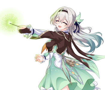 1girl black_jacket closed_eyes commentary cowboy_shot english_commentary firefly_(honkai:_star_rail) fireworks green_skirt grey_hair highres holding holding_fireworks honkai:_star_rail honkai_(series) jacket maxwelzy open_mouth shirt simple_background skirt smile solo sparkler white_background white_shirt