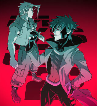 10s 1990s_(style) 2boys animification bantrain bare_shoulders blonde_hair bodysuit brown_hair capcom card charlie_nash coat facial_hair fingerless_gloves gambit gloves holding holding_card male_focus marvel marvel_vs._capcom marvel_vs._capcom_2 multiple_boys muscular playing_card red_eyes retro_artstyle smile street_fighter street_fighter_zero_(series) stubble togatsuko trench_coat vest x-men x-men_vs._street_fighter