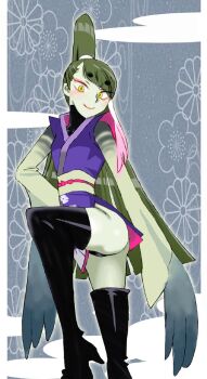 1girl ass black_boots black_panties blush boots bravely_default:_flying_fairy bravely_default_(series) breasts cloud colored_skin eyeshadow floral_background floral_print green_hair green_skin grey_background hand_on_own_hip high_heels japanese_clothes kimono konoe_kikyou leg_up long_hair long_sleeves looking_at_viewer multicolored_hair ninja obi onnaski panties pink_eyeshadow pink_hair ponytail print_kimono purple_kimono sash sleeveless sleeveless_kimono sleeves_past_fingers sleeves_past_wrists small_breasts smile standing thigh_boots two-tone_hair underwear wide_sleeves yellow_eyes