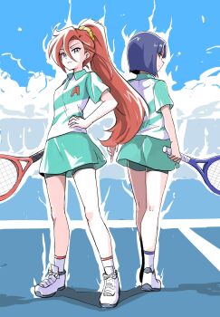 2girls aqua_shirt aqua_shorts aqua_skirt aura back-to-back bike_shorts blue_hair blue_sky bob_cut brown_eyes cloud commentary full_body hair_between_eyes hair_ornament hair_scrunchie hand_on_own_hip high_ponytail highres holding holding_tennis_racket long_hair looking_at_viewer miniskirt multiple_girls outdoors parted_lips ponytail precure purple_eyes racket red_hair scrunchie shiratori_yuriko shirt shoes short_hair shorts skirt sky smile sneakers socks sportswear standing takizawa_asuka tennis_court tennis_racket tennis_uniform tropical-rouge!_precure uraki white_shoes white_socks yellow_scrunchie