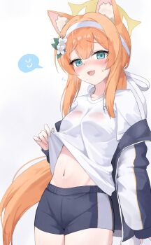 1girl animal_ear_fluff aqua_eyes blue_archive blush clothes_lift fang flower gym_shirt gym_shorts gym_uniform hair_flower hair_ornament hairband halo highres hip_bones jacket looking_at_viewer mari_(blue_archive) mari_(track)_(blue_archive) multicolored_jacket navel nose_blush off_shoulder official_alternate_costume orange_hair see-through_clothes shirt shirt_lift shorts simple_background skin_fang solo spoken_sweatdrop stomach sweatdrop track_jacket two-tone_jacket wet wet_clothes white_background white_flower white_hairband yellow_halo yoshiharu_auf