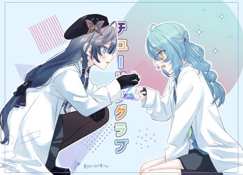 Rule 34 | 2girls, :d, :o, ahoge, aqua hair, black gloves, black hat, black pantyhose, black skirt, black socks, blue hair, blue streaks, blush, braid, butterfly hat ornament, coat, colored bangs, diamond-shaped pupils, diamond (shape), erlenmeyer flask, fingerless gloves, flask, gloves, gradient eyes, grey hair, hair between eyes, hair ornament, hat, hat ornament, highres, holding, holding flask, kisara (nijisanji), lab coat, long hair, long sleeves, low twintails, miniskirt, multicolored eyes, multicolored hair, multiple girls, nape braid, necktie, nijisanji, open mouth, pantyhose, pointing, purple eyes, reyravi1024, school uniform, simple background, sitting, skirt, sleeves past wrists, smile, socks, song name, squatting, streaked hair, symbol-shaped pupils, tamanoi nana, turing love, twintails, virtual youtuber, wariza, yellow eyes