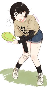 1girl ball black_hair blue_shorts blush brown_eyes brown_hair clothes_writing commentary_request denim denim_shorts full_body highres open_mouth original shirt shoes short_hair shorts sneakers solo sportswear sweat yumoto_suzu