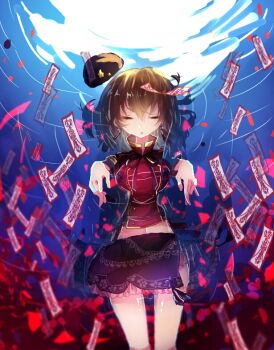 1girl black_hair black_hat black_ribbon black_skirt blue_background breasts closed_eyes commentary_request cowboy_shot floral_print floral_print_skirt hat hat_ornament jiangshi medium_breasts midriff miniskirt miyako_yoshika navel neck_ribbon ofuda open_mouth outstretched_arms print_skirt red_shirt ribbon shinjitsu_no_kuchi shirt short_hair short_sleeves skirt solo star_(symbol) star_hat_ornament touhou unworn_hat unworn_headwear zombie_pose