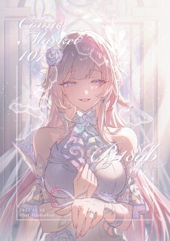 1girl absurdres bare_shoulders breasts bridal_veil commentary_request cover cover_page cyrene_(demiurge)_(honkai:_star_rail) cyrene_(honkai:_star_rail) dress flower hair_flower hair_ornament highres hitohachan honkai:_star_rail honkai_(series) jewelry large_breasts long_hair looking_at_viewer offering_hand pink_hair purple_hair ring smile solo teeth upper_teeth_only veil very_long_hair wedding_ring white_dress