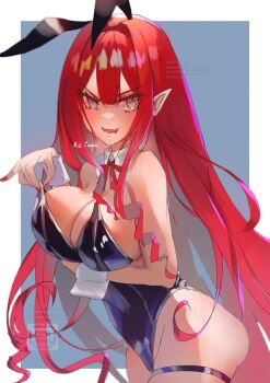 1girl animal_ears arm_under_breasts ass baobhan_sith_(fate) bare_shoulders black_leotard blue_background blush border fake_animal_ears fangs fate/grand_order fate_(series) grey_eyes highres leotard looking_at_viewer open_mouth playboy_bunny pointy_ears rabbit_ears red_hair red_nails sidelocks skin_fangs smile solo thigh_strap white_border wrist_cuffs zumiki