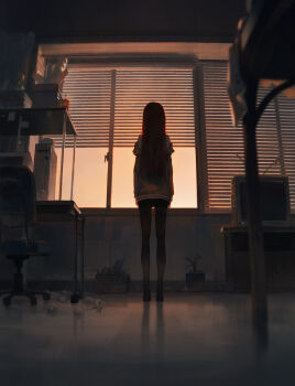 1girl black_footwear box chair computer computer_tower crt desk dino_(dinoartforame) from_behind from_below highres long_hair makise_kurisu monitor off_shoulder office_chair pantyhose paper_roll plant science_adventure steins;gate sticky_note swivel_chair television window window_blinds