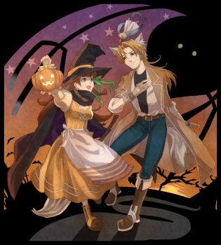 1boy 1girl brown_hair cape creature dress elmina_niet full_body gloves halloween hanpan hat jack-o&#039;-lantern jack_van_burace long_hair open_mouth rito_(hacchuu) skirt smile wild_arms wild_arms_1 witch_hat
