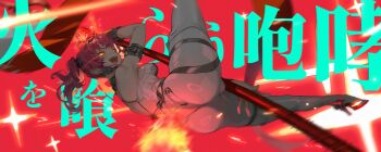 1girl ass bodysuit breasts commentary_request dynamic_pose glowing glowing_eye hairband hand_to_weapon hans.b high_heels highres holding holding_polearm holding_weapon large_breasts long_hair looking_at_viewer lupa_(wuthering_waves) open_mouth polearm red_hair skin_tight smile solo spread_legs translation_request twintails weapon weapon_between_legs white_bodysuit wuthering_waves yellow_eyes