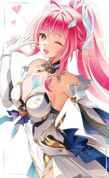 1girl ;d absurdres aemeath_(wuthering_waves) ahoge bare_shoulders breasts chijiandeyusang cleavage commentary elbow_gloves gloves highres leotard long_hair looking_at_viewer medium_breasts one_eye_closed open_mouth pink_hair ponytail showgirl_skirt skirt smile solo star-shaped_pupils star_(symbol) strapless strapless_leotard symbol-shaped_pupils tacet_mark_(wuthering_waves) v white_gloves white_skirt wuthering_waves yellow_eyes