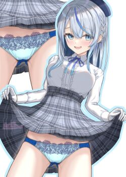 1girl ades_clus amagai_ruka beret blue_border blue_eyes blue_hat blue_panties blue_ribbon blue_streaks blush border braid breasts center_frills clothes_lift collared_shirt commentary_request cowboy_shot flashing frilled_shirt frills gloves gluteal_fold grey_hair grey_skirt hat high-waist_skirt highres lace lace_panties large_breasts lifting_own_clothes lingerie long_hair long_sleeves looking_at_viewer multicolored_hair multiple_views neck_ribbon open_mouth panties picot_trim_panties plaid_clothes plaid_skirt pleated_skirt ribbon shirt side_braid simple_background skirt skirt_lift smile standing straight_hair streaked_hair two-tone_panties underwear virtual_youtuber watermark weather_planet white_background white_gloves white_panties white_shirt