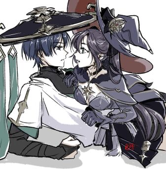 1boy 1girl aqua_eyes aqua_kimono aqua_sleeves arm_support armor black_bodysuit black_bow black_bridal_gauntlets black_choker black_eyes black_hair black_hat black_ribbon black_shorts blunt_ends bodysuit bow breast_press breasts bridal_gauntlets brooch cape choker cleavage clenched_hand commentary crescent crescent_hat_ornament curtained_hair earrings elbow_gloves english_commentary eye_contact eyelashes from_side fur_collar genshin_impact girl_on_top gloves gold gold_earrings grey_hair hair_bow hakama hakama_shorts hand_on_another&#039;s_chest hat hat_ornament hat_ribbon hetero highres japanese_armor japanese_clothes jewelry jingasa juban kacchan_09 kimono kote kurokote layered_sleeves leotard long_hair long_sleeves looking_at_another medium_breasts mona_(genshin_impact) open_mouth pleated_shorts purple_cape purple_gloves purple_hat purple_leotard purple_sleeves red_hat ribbon scaramouche_(genshin_impact) short_sleeves shorts sidelocks single_hair_intake star_(symbol) star_brooch star_choker star_earrings star_hat_ornament swept_bangs tareme teeth tsurime turtleneck turtleneck_bodysuit twintails two-sided_fabric two-sided_headwear upper_teeth_only wanderer_(genshin_impact) white_background white_kimono white_sleeves witch_hat