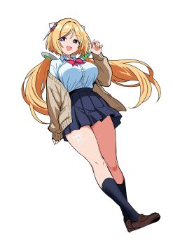 Rule 34 | 1girl, aki rosenthal, blonde hair, bow, bowtie, breasts, brown shoes, cardigan, collared shirt, commentary request, detached hair, full body, headgear, highres, hololive, kneehighs, large breasts, long hair, looking at viewer, low twintails, multicolored nails, open mouth, parted bangs, pleated skirt, purple eyes, r harbinger, school uniform, shirt, shoes, simple background, skirt, smile, socks, solo, tented shirt, thick thighs, thighs, twintails, very long hair, virtual youtuber, white background, white shirt