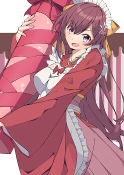 Rule 34 | 1girl, absurdres, apron, bow, brown eyes, brown hair, commentary request, frilled apron, frills, hakama, hakama skirt, highres, japanese clothes, kamikaze (kancolle), kamikaze (valentine) (kancolle), kantai collection, kikuchi-shoogo, kimono, long hair, maid, maid headdress, meiji schoolgirl uniform, pink hakama, red kimono, skirt, solo, tube, wa maid, white apron, yellow bow