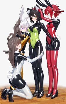 animal_costume animal_ears bdsm black_hair bodysuit bow bowtie brown_hair fake_animal_ears gloves green_eyes high_heels latex latex_bodysuit latex_gloves latex_leotard latex_thighhighs leotard living_clothes long_hair maguro27 mary_janes multiple_girls purple_eyes rabbit_costume rabbit_ears red_hair shoes short_hair thighhighs white_hair yellow_eyes