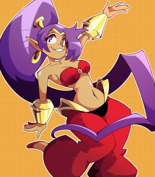 Rule 34 | 1girl, blue eyes, bra, bracelet, breasts, dark-skinned female, dark skin, earrings, highres, jewelry, kelvindoesart, large breasts, long hair, pants, pointy ears, purple hair, shantae, shantae (series), teeth, underwear, very long hair, yellow eyes