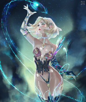 1girl artist_name bare_shoulders blonde_hair blue_eyes breasts choker commentary cowboy_shot earrings emma_frost english_commentary gluteal_fold highres jewelry large_breasts marvel marvel_rivals medium_hair narrow_waist paid_reward_available solo tatti_art thigh_gap variant_set wide_hips