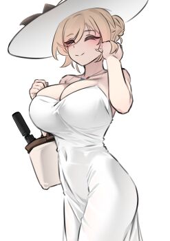 Rule 34 | 1girl, absurdres, bag, bare shoulders, blonde hair, blush, bow, breasts, cleavage, closed eyes, closed mouth, collar, collarbone, covered navel, cowboy shot, curvy, dress, gun, hair bow, hair bun, hand up, handbag, hands up, hat, hat ribbon, highres, k0ng, large breasts, merc-san (k0ng), original, red ribbon, ribbon, short hair, simple background, single hair bun, sleeveless, sleeveless dress, smile, solo, spaghetti strap, sun hat, suppressor, swept bangs, taut clothes, taut dress, weapon, white background, white dress, white hat, wide brim