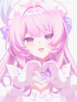 1girl absurdres alternate_costume breasts cyrene_(demiurge)_(honkai:_star_rail) cyrene_(honkai:_star_rail) diamond-shaped_pupils diamond_(shape) gloves heart heart_hands hi_i_dubu highres honkai:_star_rail honkai_(series) long_hair looking_at_viewer maid maid_headdress medium_breasts open_mouth pink_hair purple_eyes simple_background smile solo symbol-shaped_pupils upper_body very_long_hair white_background white_gloves