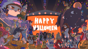 absurdres aikatsu!_(series) aikatsu_stars! akazukin_chacha ash_ketchum black_hair character_request closed_mouth crossover dougi dragon_ball dragon_ball_super falulu gaaruru_(pripara) gajira_(pripara) galbi_(iouytuuyio) gen_1_pokemon gen_6_pokemon gloves greninja halloween happy_halloween highres holding holding_megaphone jack-o&#039;-lantern jewlulu kisaragi_tsubasa kurosu_aroma long_hair manaka_non medium_hair megaphone multiple_boys multiple_girls muscular muscular_male nikaido_yuzu nintendo open_mouth pikachu pokemon pokemon_(anime) pokemon_(creature) pokemon_xy_(anime) pretty_series pripara pumpkin serena_(pokemon) sherlock_shellingford shiratama_mikan shiratori_hime short_hair smile son_goku son_goten spiked_hair stairs super_saiyan taiyo_pepper tantei_opera_milky_holmes usacha vegeta wake_up_girls!