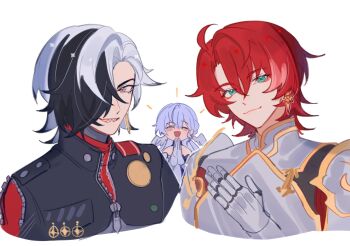 1girl 2boys ahoge alternate_hair_length alternate_hairstyle aqua_eyes argenti_(honkai:_star_rail) armor armored_gloves bandana bare_shoulders black_hair black_jacket blue_hair boothill_(honkai:_star_rail) bullet_earrings choker closed_eyes closed_mouth commentary cyborg dress earrings english_commentary eyeshadow feathered_wings gloves gold_earrings grey_armor grey_eyes hair_between_eyes hair_over_one_eye hand_on_own_chest hand_up head_wings highres honkai:_star_rail honkai_(series) jacket jewel_under_eye jewelry knight long_hair looking_at_viewer makeup multicolored_hair multiple_boys no_halo open_mouth own_hands_together purple_choker purple_dress red_bandana red_eyeshadow red_hair red_pupils robin_(honkai:_star_rail) sharp_teeth sheriff_badge shirokumun short_hair shoulder_armor simple_background single_earring sleeveless sleeveless_dress smile star_(symbol) star_earrings strapless strapless_dress teeth two-tone_dress two-tone_hair upper_body white_background white_dress white_gloves white_hair wings zipper