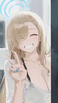 1girl ^_^ absurdres aqua_nails asuna_(blue_archive) asymmetrical_bangs black_bra blonde_hair blue_archive blurry blurry_background bra breasts cleavage closed_eyes collarbone commentary facing_viewer fingernails halo highres indoors kakupants large_breasts mole mole_on_breast nail_polish see-through_clothes see-through_shirt shirt smile solo underwear upper_body v white_shirt