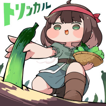 1girl basket belt blush_stickers brown_belt brown_hair brown_shoes commentary_request cucumber green_eyes green_jacket green_skirt holding holding_basket jacket kyuri_(trickcal) nootoru open_mouth shoes skirt solo trickcal