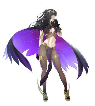 1girl absurdres alternate_costume bare_arms black_eyes black_hair breasts cape commentary english_commentary finger_in_own_mouth fire_emblem fire_emblem_awakening full_body gloves high_heel_sandals high_heels highres long_hair looking_at_viewer midriff navel nintendo pantyhose pelvic_curtain pomelomelon sandals small_breasts solo standing tharja_(fire_emblem) white_background