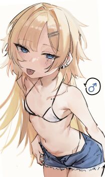 1boy :p bare_arms bare_shoulders bikini blonde_hair blue_eyes blue_shorts collarbone collarbone_piercing commentary cowboy_shot crossdressing crossdressing_(mtf) cutoffs ear_piercing english_commentary hair_ornament hairclip highres long_hair male_focus mars_symbol nabi_(xcider) navel open_fly original piercing shorts simple_background solo spoken_mars_symbol stomach string_bikini swimsuit tongue tongue_out tongue_piercing trap very_long_hair white_background white_bikini xcider
