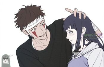 ... 1girl 2boys aburame_shino bandaged_arm bandaged_hand bandaged_head bandages bandaid bandaid_on_cheek bandaid_on_face black_hair black_headband black_shirt blunt_bangs breasts brown_hair chibi chibi_inset crying dirty dirty_face facial_mark furrowed_brow gon012607 grey_eyes hand_on_another&#039;s_head headband headband_around_neck highres hood hood_down hood_up hoodie hyuuga_hinata inuzuka_kiba long_hair looking_at_another medium_breasts multiple_boys naruto_(series) nervous_smile no_pupils pale_skin shirt short_hair smile spoken_ellipsis sunglasses tears twitter_username upper_body white_background
