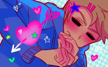 1boy alien_stage alternate_skin_color animification blue_hoodie blush brown_hair checkered_background colorful commentary dark-skinned_male dark_skin darkened_skin derivative_work eddsworld embarrassed hashtag-only_commentary heart highres hollow_eyes hood hood_down hoodie long_sleeves peluituap solo tan tom_(eddsworld)