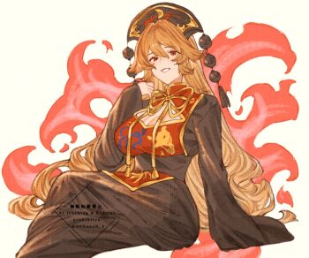 Rule 34 | 1girl, black dress, blonde hair, breasts, cleavage cutout, clothing cutout, commentary, crossed legs, dalachi (headdress), dress, fire, hair between eyes, hand in own hair, junko (touhou), large breasts, long hair, long sleeves, looking at viewer, oftooon, parted lips, red eyes, red tabard, sitting, smile, solo, tabard, touhou, twitter username, untranslatable commentary, very long hair, watermark