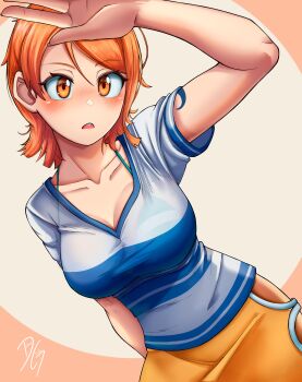 1girl absurdres arm_up bikini bikini_top_under_shirt bikini_under_clothes blue_shirt blush breasts collarbone commentary cowboy_shot dilan_griz double-parted_bangs english_commentary highres large_breasts looking_at_viewer nami_(one_piece) one_piece open_mouth orange_eyes orange_hair shirt short_hair short_sleeves skirt solo swimsuit tattoo yellow_skirt