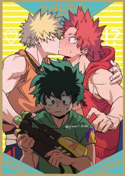 Rule 34 | !?, 3boys, bakugou katsuki, blonde hair, blush, boku no hero academia, border, closed eyes, commentary request, french kiss, green eyes, green shirt, heart, highres, holding, holding water gun, hood, hood down, hooded jacket, jacket, kirishima eijiro, kiss, male focus, midoriya izuku, multiple boys, orange shirt, red eyes, red hair, red jacket, ship name, shirt, short hair, sleeveless, sleeveless jacket, spiked hair, surprise kiss, surprised, tsukota, twitter username, upper body, water gun, yaoi
