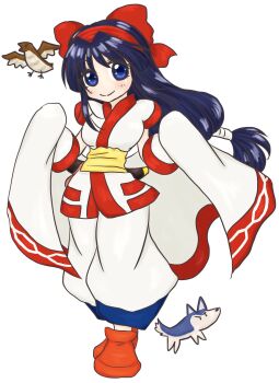 1girl ainu_clothes blue_eyes blue_hair breasts cloak hair_ribbon highres large_breasts legs long_hair looking_at_viewer mamahaha nakoruru pants ribbon samurai_spirits shikuru smile snk the_king_of_fighters thighs weapon wolf