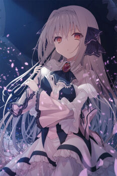 1girl adapted_costume ascot back_bow black_ascot black_bow black_umbrella bow cherry_blossoms coffee1223 commentary_request cowboy_shot crossed_bangs dress expressionless falling_petals floating_hair frilled_ascot frilled_dress frilled_sleeves frills gem grey_hair hair_bow hair_intakes hands_up highres holding holding_umbrella juliet_sleeves long_hair long_sleeves looking_at_viewer night outdoors parted_lips petals puffy_sleeves red_eyes red_gemstone sakurakouji_luna solo standing straight_hair tsuki_ni_yorisou_otome_no_sahou umbrella under_umbrella very_long_hair white_bow white_dress wide_sleeves