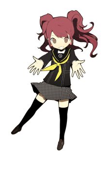 Rule 34 | 1girl, absurdres, black skirt, brown eyes, brown hair, brown shoes, earrings, grey skirt, highres, jewelry, kujikawa rise, long hair, long sleeves, looking at viewer, neckerchief, official art, oribe hanako, outstretched arms, persona, persona 4, persona q: shadow of the labyrinth, persona q (series), piercing, school uniform, second-party source, serafuku, shirt, shoes, simple background, skirt, smile, solo, standing, thighhighs, twintails, two-tone skirt, undershirt, white background, white shirt, yasogami school uniform