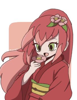 1girl flower green_eyes hanabusa_8723ha hashtag-only_commentary highres japanese_clothes kimono long_hair open_mouth pink_flower red_hair red_kimono solo tsubakihime_(youkai_watch) upper_body youkai_(youkai_watch) youkai_watch