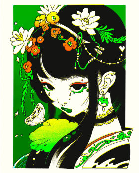 Rule 34 | 1girl, absurdres, black hair, bouffant, camellia, choker, commentary, english commentary, flower, ginkgo leaf, green theme, hair flower, hair ornament, highres, japanese clothes, kimono, leaf, lipstick, long hair, lotus, makeup, mascara, meta a, original, plant request, princess, runny makeup, spot color, upper body