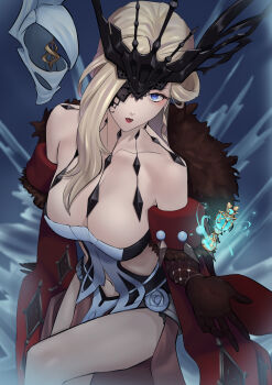 1girl absurdres bare_shoulders black_gloves blonde_hair blue_eyes breasts cleavage cryokinesis delusion_(genshin_impact) dress fishnet_gloves fishnets fur_trim genshin_impact gloves gnosis_(genshin_impact) half_mask highres ice jewelry lace-trimmed_eyepatch large_breasts long_hair looking_at_viewer mask mask_over_one_eye one_eye_covered signora_(genshin_impact) smile solo you2060-bijaku
