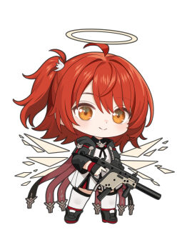 1girl absurdres arknights assault_rifle black_gloves black_jacket black_shoes chibi closed_mouth commentary_request detached_wings dress energy_wings exusiai_(arknights) exusiai_the_new_covenant_(arknights) fingerless_gloves full_body gloves gun halo highres holding holding_gun holding_weapon hood hood_down hooded_jacket jacket long_sleeves looking_at_viewer medium_hair one_side_up orange_eyes red_hair rifle shoes simple_background smile solo standing tachi-e thighhighs traditional_halo weapon welt_(kinsei_koutenkyoku) white_background white_dress white_thighhighs wings yellow_halo