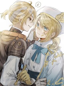 !_(rsa_yuhr) 2boys androgynous bandaged_head bandages beret blonde_hair blue_bow blue_eyes bow edgar_valden edgar_valden_(golden_ratio) eye_contact frown furrowed_brow hair_between_eyes hair_bow half_capelet hat identity_v looking_at_another low_ponytail luca_balsa luca_balsa_(electrolysis) male_focus multiple_boys musical_note ponytail pulling_another&#039;s_clothes shirt small_sweatdrop smile spoken_musical_note wavy_hair white_shirt yaoi yellow_bow yellow_eyes yellow_trim