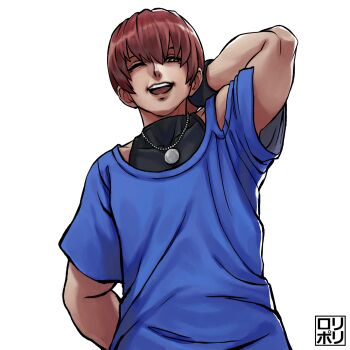 1boy arm_behind_back arm_behind_head blue_shirt brown_eyes brown_hair chris_(kof) hair_between_eyes highres jamrolypoly jewelry looking_at_viewer male_focus necklace one_eye_closed open_mouth shirt short_hair simple_background smile solo the_king_of_fighters the_king_of_fighters_xv undershirt white_background